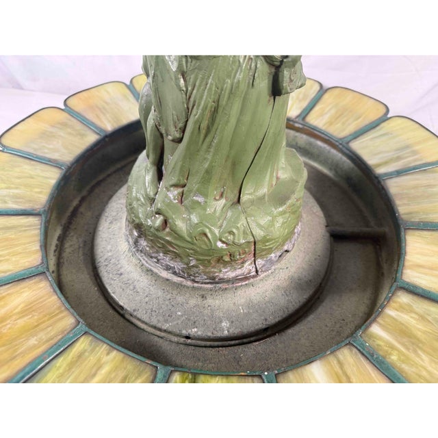 1920s Art Deco Figural Re-Circulating Fountain Lamp - Working Verdigris Spelter Sculpture & Iridescent Natural Capiz Shell Dome Shade For Sale - Image 11 of 14