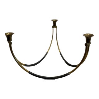 Four Mid-Century Modern Brass and Leather Candelabra For Sale