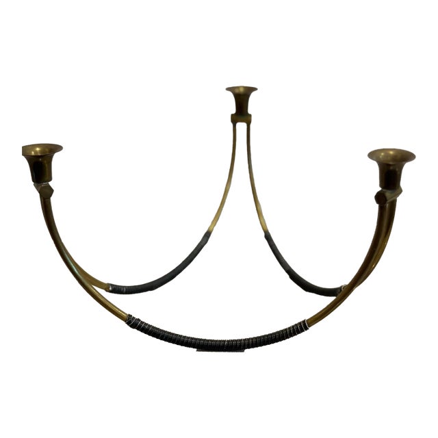 Four Mid-Century Modern Brass and Leather Candelabra For Sale
