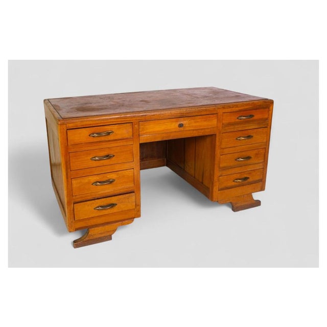 Large Vintage Wooden Desk with Double Drawer Unit and Shaped Legs For Sale - Image 4 of 12