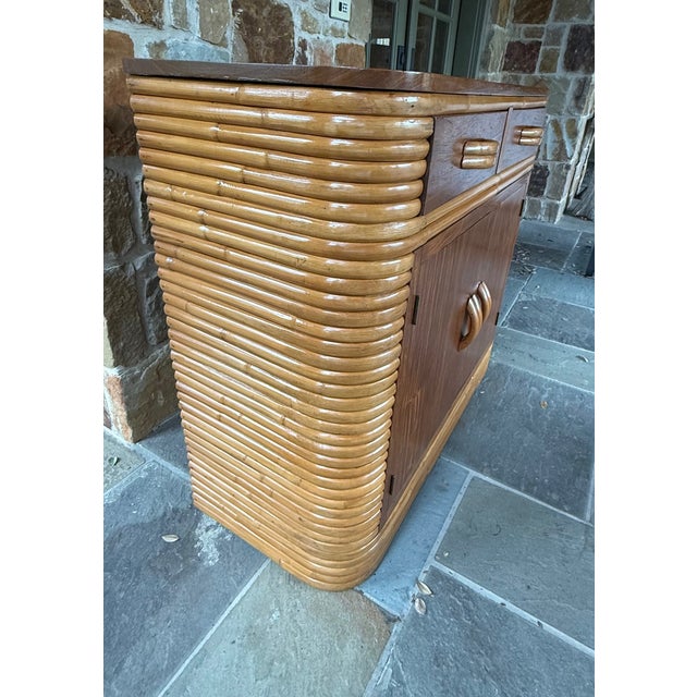 Paul Frankl 1940s Restored Stacked Rattan Storage Cabinet With Mahogany Top in Style of Paul Frankl Bar Cabinet For Sale - Image 4 of 13