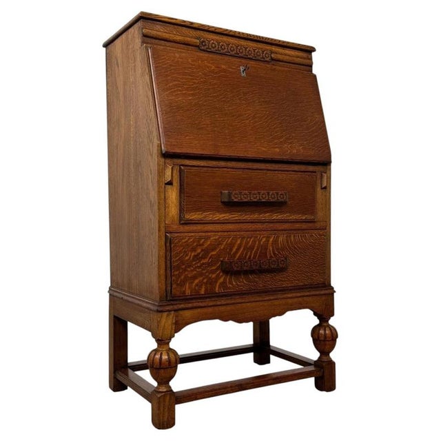 Antique English Golden Oak Secretaire with Mirrored Interior, 1900s For Sale - Image 6 of 14