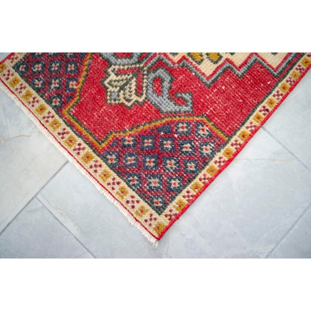 Red Vintage Small Turkish Rug Hand-Knotted Mat Enty Decor, Kitchen Accent, Laundry Room Art 19" X 36" For Sale - Image 8 of 10