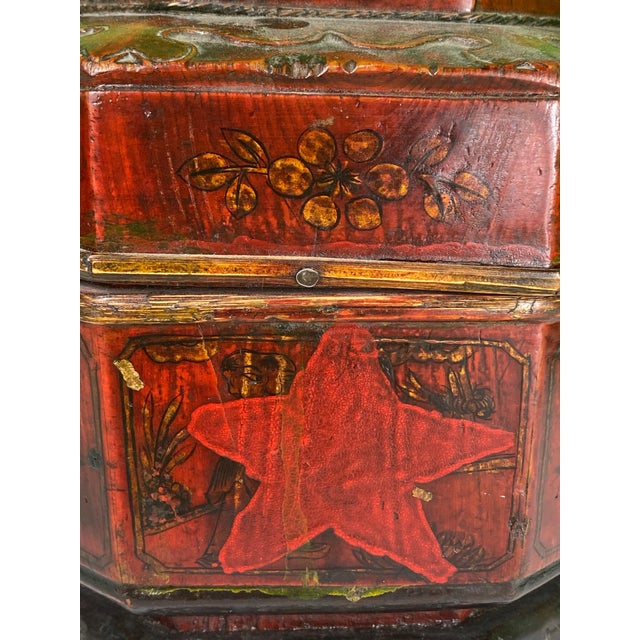 Rare antique Chinese wedding basket or ceremonial food carrier with an octagonal form, hand-painted decoration, fitted...