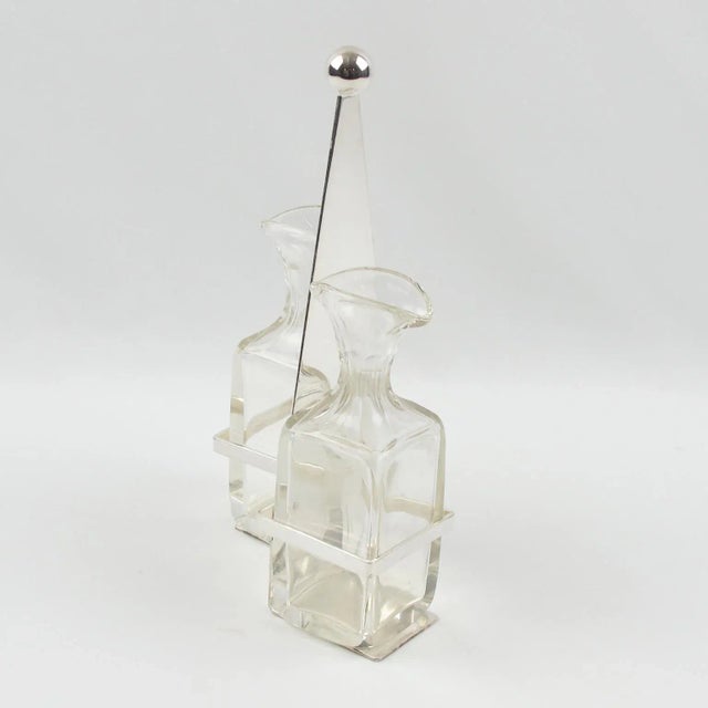 Art Deco Silver Plate and Crystal Oil and Vinegar Cruet Set - Set of 3 For Sale - Image 9 of 10