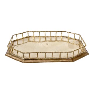 Vintage Large Octagon Brass Faux Bamboo Tray For Sale