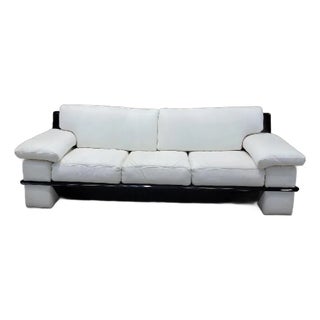 Vintage Postmodern Italian Black Lacquer Wide Arm Sofa With White Leather For Sale