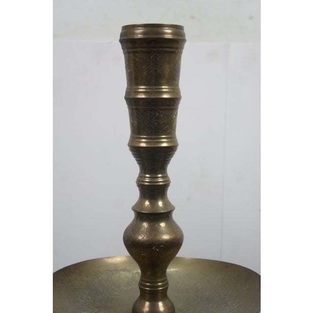 Mid 20th Century Mid 20th Century 2 Moroccan Etched Brass Altar Floor Candlesticks Candle Holders 36" For Sale - Image 5 of 13