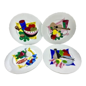 1950's Signed Colette Gueden Hand Painted Cabinet Plates, France - Set of 4