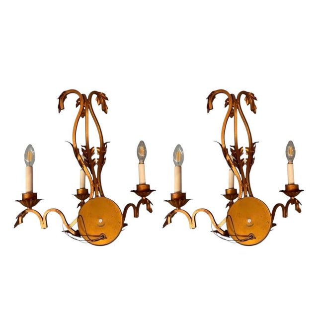 2000 - 2009 Pair of Vintage Hollywood Regency Gilt Metal 3-Light Sconces For Sale - Image 5 of 12