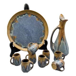 Glazed Stoneware Liqueur Set from Denbac, France, 1960s, Set of 10 For Sale