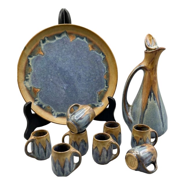 Glazed Stoneware Liqueur Set from Denbac, France, 1960s, Set of 10 For Sale