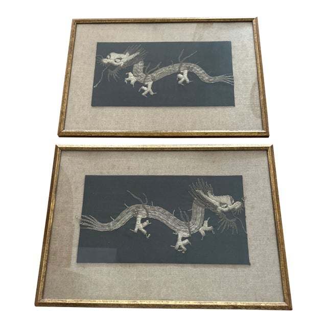 Antique Framed Asian Dragon Embroidery - A Pair For Sale
