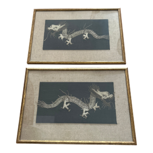 Antique Framed Asian Dragon Embroidery - A Pair