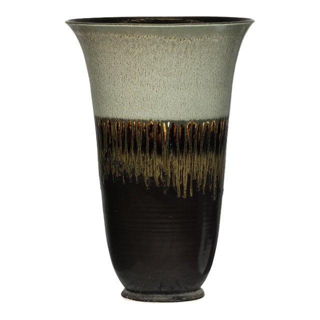 Late 20th Century Artisan Large Ceramic Planter with Green-Grey, Brown, and Ochre Drip Glaze For Sale