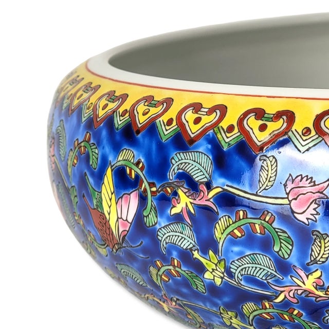 Vintage Jingdezhen Enamel Porcelain Bowl With Butterfly and Peony Motif, Chinese Art Pottery 14" For Sale In San Francisco - Image 6 of 13