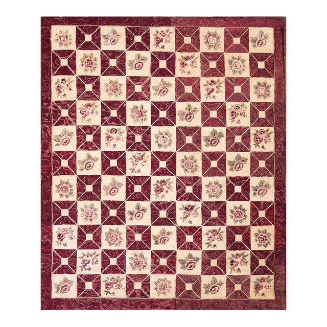 1920s Ivory Purple Diamond Floral Folk Art Antique American Hooked Rug 7' 7" X 9' 2" Hand Knotted Wool Carpet For Sale