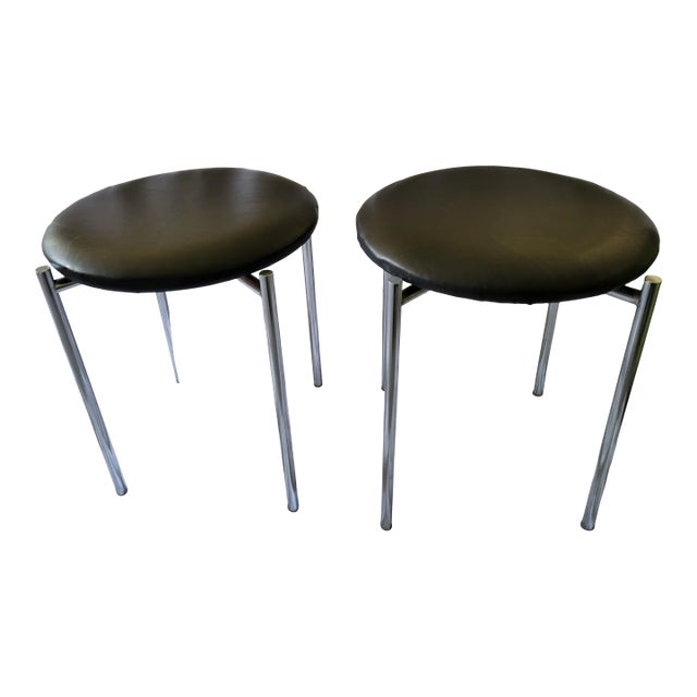 Mid 20th Century Vintage Bauhaus Vinyl/Chrome Stacking Cushioned Stools - a Pair For Sale
