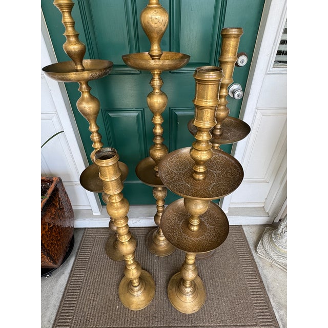 Vintage 1960s Moroccan Etched Brass Pillar Altar Floor Candle Stands = 5 Altars (35 Pieces) For Sale - Image 10 of 15