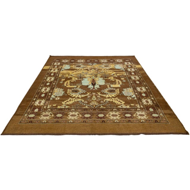 Mid-Century Modern Mid-Centruy Transitional Style Handmade Floral Brown Wool Rug For Sale - Image 3 of 8