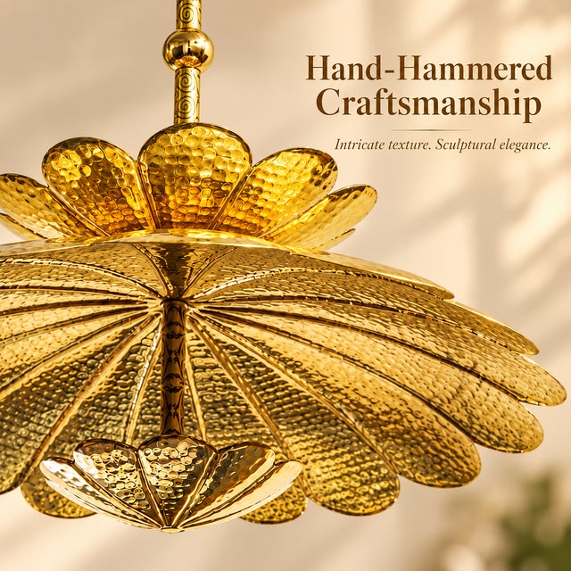 Handmade Brass Flower Ceiling Light, Floral Semi Flush Mount, Hammered Brass Chandelier, Vintage Lotus Ceiling Fixture, Art Deco Lighting For Sale - Image 12 of 18