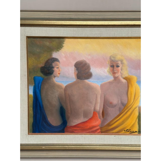 Mid-Century Modern N. Leon, Three Women, 1947, Oil Painting on Panel, Framed For Sale - Image 3 of 18