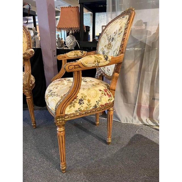 Late 20th Century Pair of Louis XVI Style Upholstered Balloon Back Walnut Carved Fauteuil Chairs For Sale - Image 9 of 10