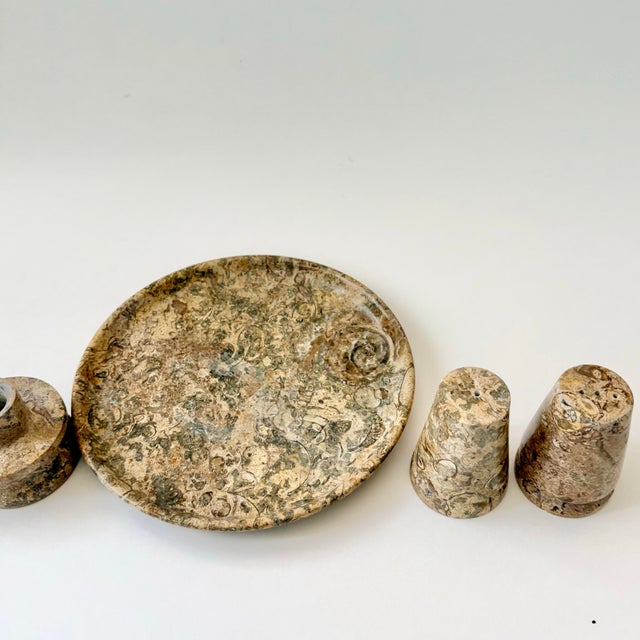 Vintage Fossil Coral Marble Condiment Set With Tray, Salt & Pepper Shakers and Toothpick Holder - Set of 4 For Sale - Image 10 of 12