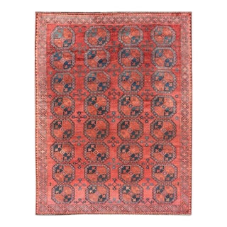 Early 20th Century Hand-Knotted Turkomen Ersari Rug in Wool With Gul Design in Red, Orange and Blue For Sale