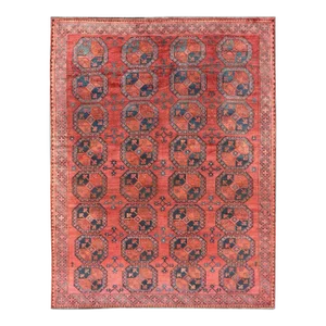 Early 20th Century Hand-Knotted Turkomen Ersari Rug in Wool With Gul Design in Red, Orange and Blue
