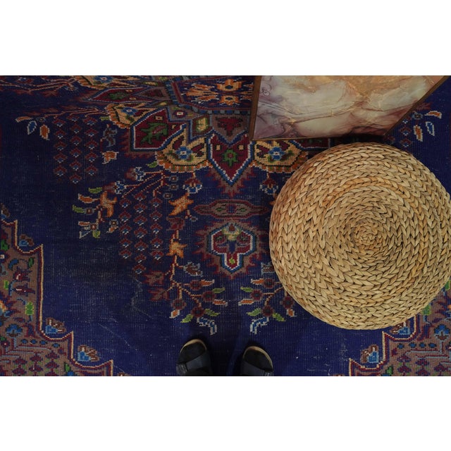 1970s Vintage Turkish Handmade Wool Cotton Blue Area Rug For Sale - Image 12 of 12