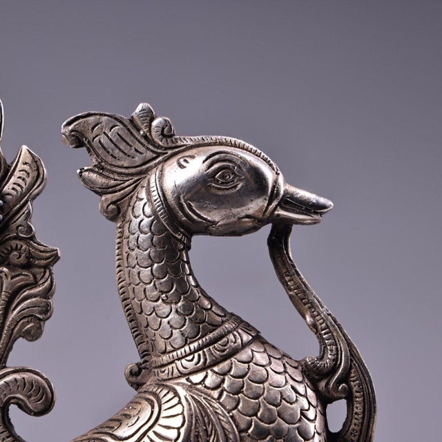 Metal Silver-Plated Phoenix Oil Lamp With Gemstone Inlay, 845g, Figural Bird Ewer For Sale - Image 7 of 9