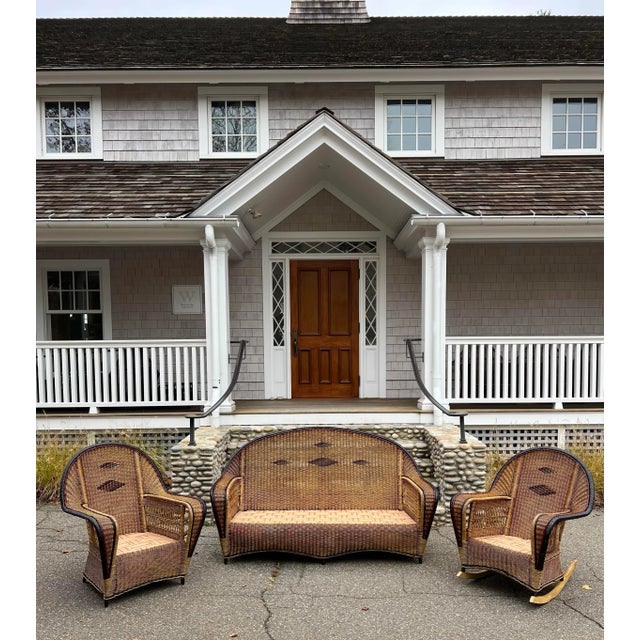 Beautiful and unique vintage Ficks Reed wicker set in natural stained I’ll finish with colorful accents. Sofa measures...