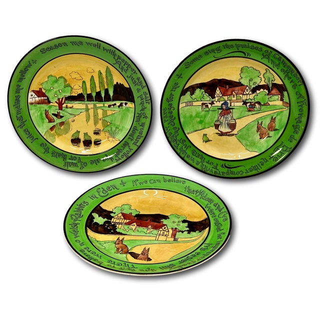 Ceramic Set of 3 Antique Ye Olde English Staffordshire Pottery Rabbit Motto Plates - Wall Hanger Brackets Included For Sale - Image 7 of 18