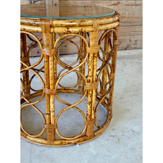 Mid-20th Century Coastal Refinished Tortoise Rattan Cane Drum Side Table For Sale In Naples, FL - Image 6 of 11