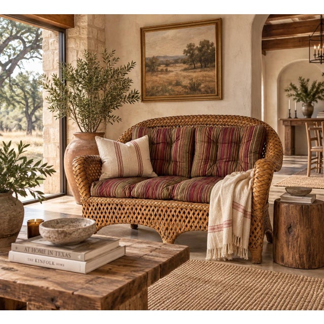 Charming vintage loveseat crafted from woven rattan and wicker in a warm natural finish. Features an intricately woven...