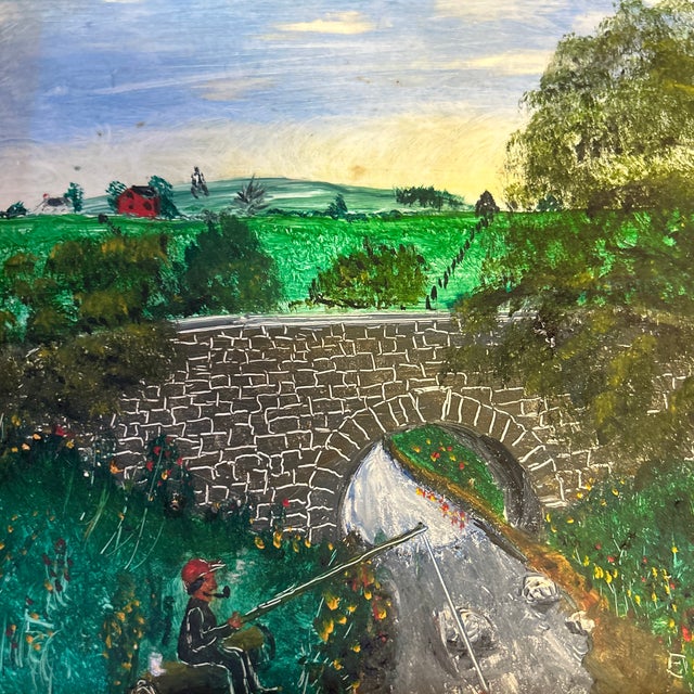 1970’s original folk art fisherman under bridge landscape painting. Signed and framed. Measures 10x8 or 11.75x9.75 framed....