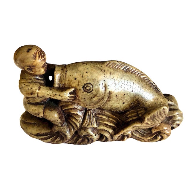Mid 20th Century Chinese Stone “Abundance” Sculpture of Young Boy & Carp For Sale - Image 5 of 7