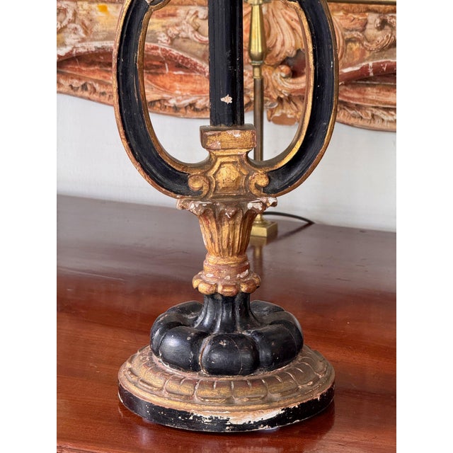 Wood Vintage Italian Ebonized and Gilt Lyre Form Lamp For Sale - Image 7 of 12