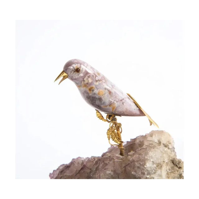 Late 20th Century Late 20th Century 14k Gold Mounted Agate Bird on Fluorite Stone, Mounted on Black Glass For Sale - Image 5 of 13