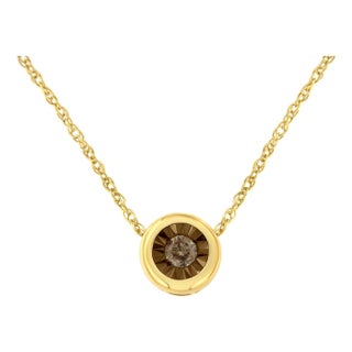 10K Yellow Gold over .925 Sterling Silver 1/10 Carat Diamond 18" Round Miracle-Plate Two-Tone Pendant Necklace (K-L Champagne Color, I2-I3 Clarity) For Sale