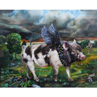 Bad Babe by Claudia Griesbach-Martucci | Oil on board Pig with wings in a rural landscape. For Sale