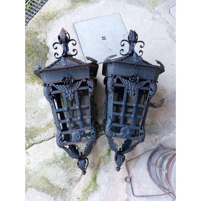 Vintage Wrought Iron Rose Cage Lantern, 1930s For Sale - Image 4 of 5