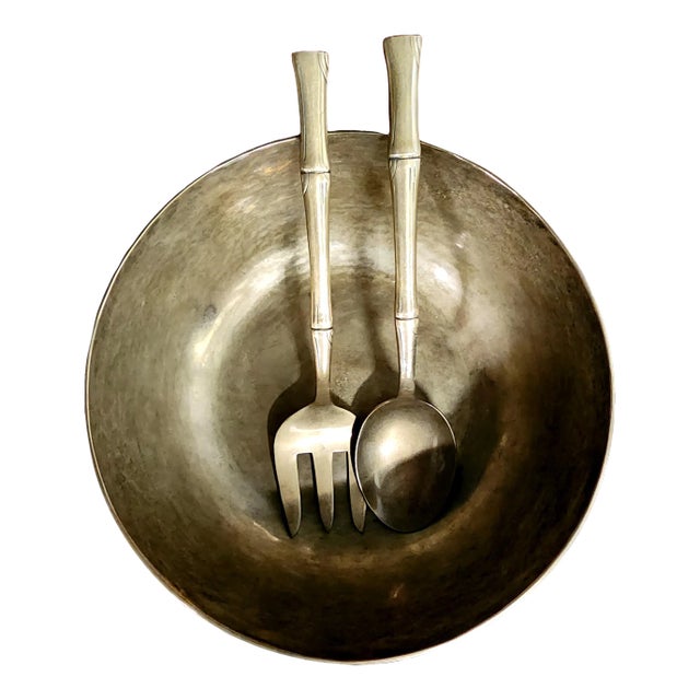 Beautiful Handmade Thai Polished Bronze Bowl & Polished Bronze Utensil Set - 3 Pc. Set For Sale