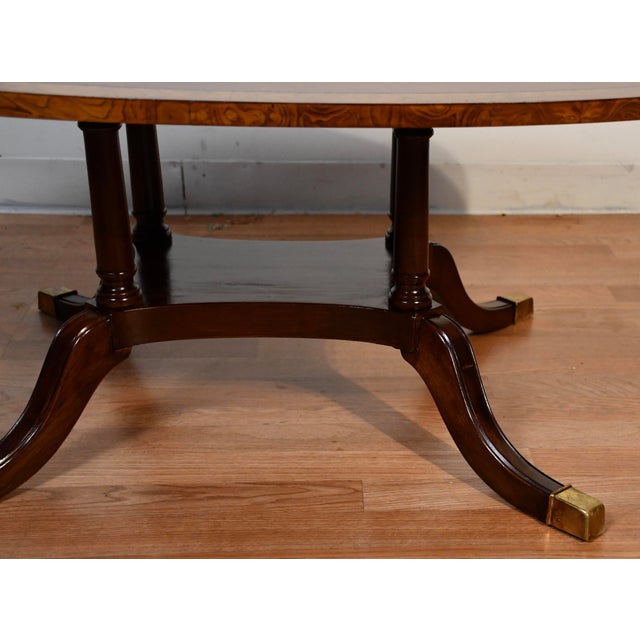 1940s English Regency Style Walnut Banded Satinwood Oval Top Coffee Table For Sale - Image 10 of 14