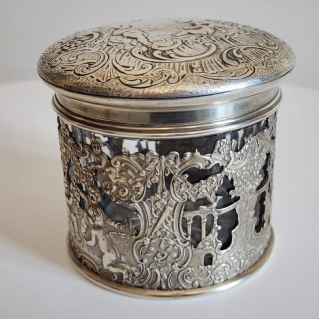 19th Century German Hanau .800 Silver & Heavy Glass Putti Dresser Jar For Sale - Image 15 of 16
