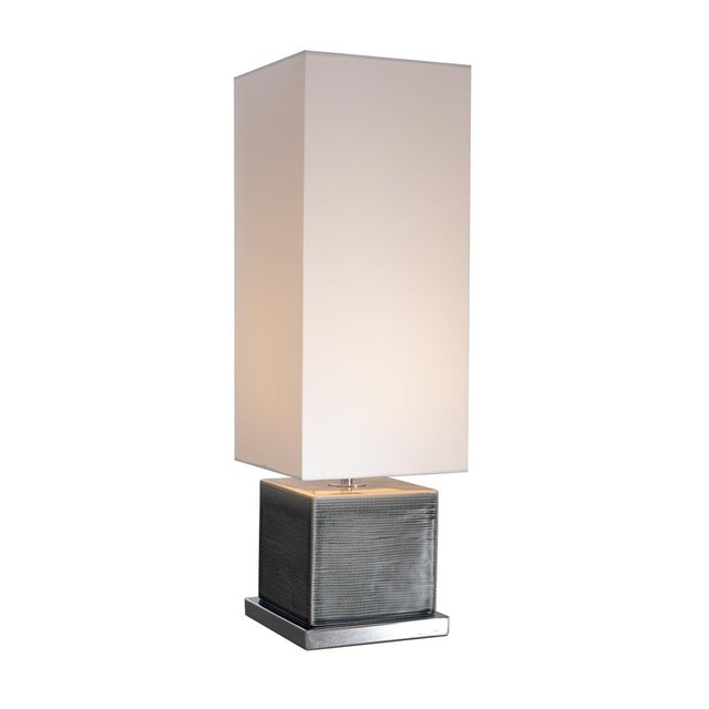 Club Three ribbed table lamp in glazed ceramic with chromed brass base with dedicated shade. European Plug (up to 250V).