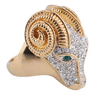 18k Gold Plate Cz Pave Green Faux Emerald Eyes Ram Head Ring Size 9 For Sale