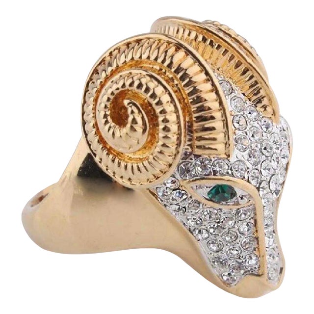 18k Gold Plate Cz Pave Green Faux Emerald Eyes Ram Head Ring Size 9 For Sale