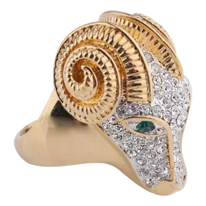 18k Gold Plate Cz Pave Green Faux Emerald Eyes Ram Head Ring Size 9
